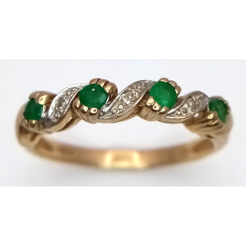 199 - A 9K GOLD RING WITH DIAMONDS AND EMERALDS .  2.1gms    size N