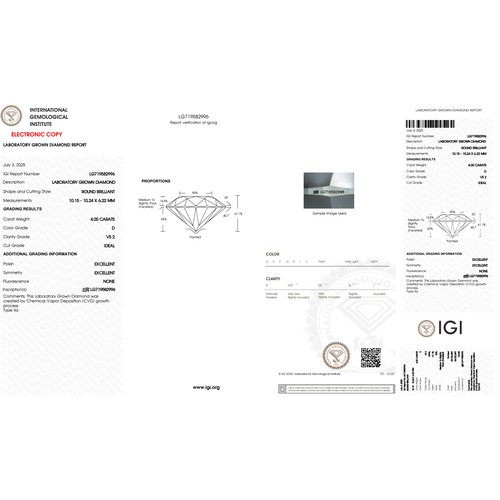 835 - A 4ct Round Brilliant cut Lab-Grown Diamond. Color D, clarity VS2. IGI certified. Cert no: LG7195829... 
