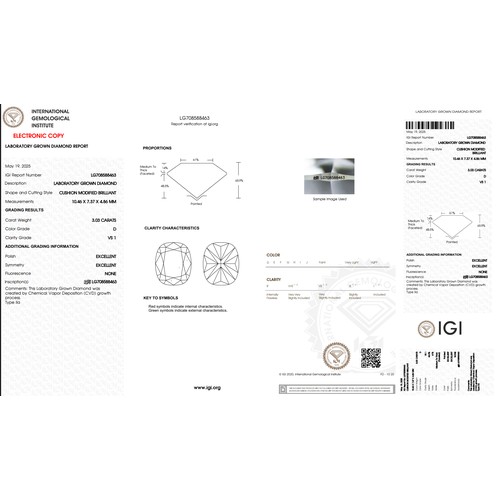 842 - A 3.03ct Cushion modified brilliant cut Lab-Grown Diamond. Color D, clarity VS1. IGI certified. Cert... 