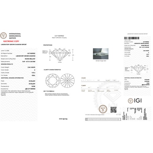 849 - A 2.56ct Round Brilliant cut Lab-Grown Diamond. Color D, clarity VVS2. IGI certified. Cert no: LG713... 
