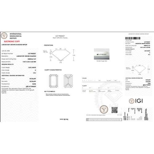 856 - A 3ct Emerald cut Lab-Grown Diamond. Color D, clarity VS2. IGI certified. Cert no: LG719543337. Meas... 
