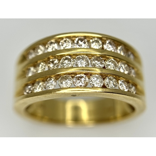 846 - AN 18K YELLOW GOLD TRIPPLE ROW DIAMOND RING. 1CT DIAMOND WEIGHT. TOTAL WEIGHT 7.9G. SIZE O. SPSA 100... 