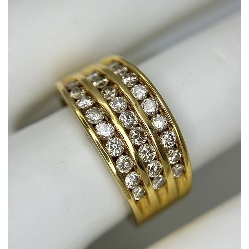 846 - AN 18K YELLOW GOLD TRIPPLE ROW DIAMOND RING. 1CT DIAMOND WEIGHT. TOTAL WEIGHT 7.9G. SIZE O. SPSA 100... 