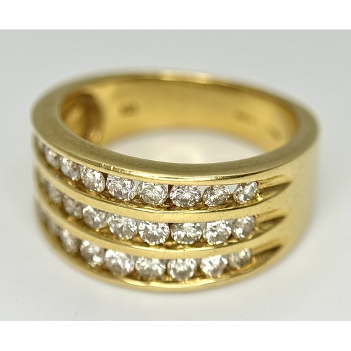 846 - AN 18K YELLOW GOLD TRIPPLE ROW DIAMOND RING. 1CT DIAMOND WEIGHT. TOTAL WEIGHT 7.9G. SIZE O. SPSA 100... 