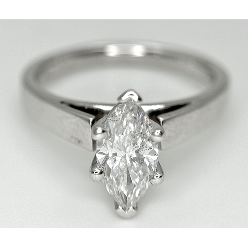 853 - A 14K WHITE GOLD MARQUISE CUT DIAMOND SOLITAIRE RING. DIAMOND WEIGHT 1.06C. TOTAL WEIGHT 4.6G. SIZE ... 
