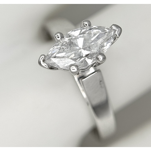 853 - A 14K WHITE GOLD MARQUISE CUT DIAMOND SOLITAIRE RING. DIAMOND WEIGHT 1.06C. TOTAL WEIGHT 4.6G. SIZE ... 