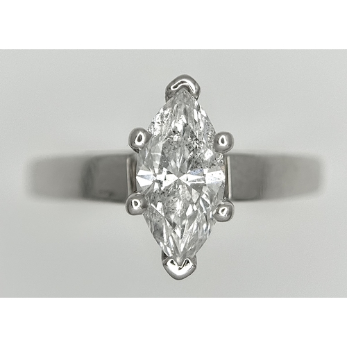 853 - A 14K WHITE GOLD MARQUISE CUT DIAMOND SOLITAIRE RING. DIAMOND WEIGHT 1.06C. TOTAL WEIGHT 4.6G. SIZE ... 