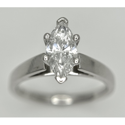 853 - A 14K WHITE GOLD MARQUISE CUT DIAMOND SOLITAIRE RING. DIAMOND WEIGHT 1.06C. TOTAL WEIGHT 4.6G. SIZE ... 