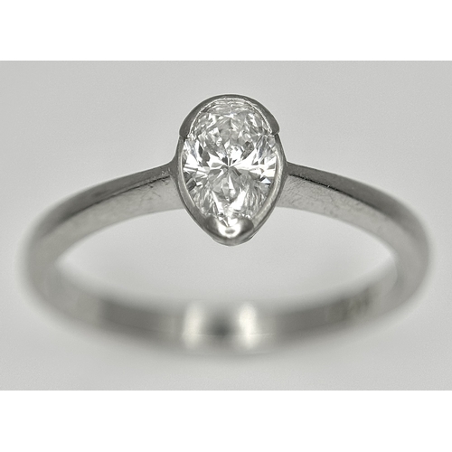867 - A PLATINUM DIAMOND SOLITAIRE RING. DIAMOND WEIGHT 0.50CT. PEAR SHAPE CUT DIAMOND RUBOVER SET. TOTAL ... 