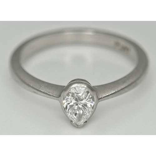 867 - A PLATINUM DIAMOND SOLITAIRE RING. DIAMOND WEIGHT 0.50CT. PEAR SHAPE CUT DIAMOND RUBOVER SET. TOTAL ... 