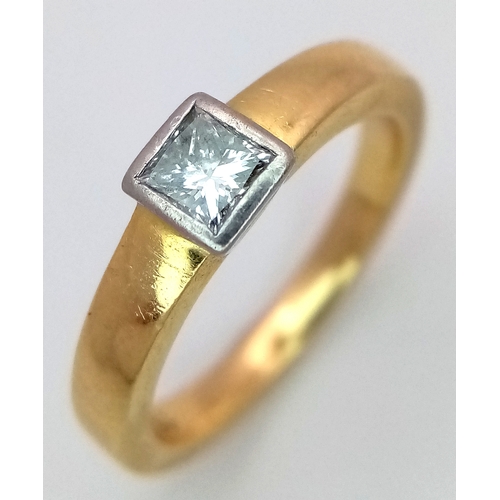 881 - AN 18K YELLOW GOLD  PRINCESS CUT DIAMOND SOLITAIRE RING. DIAMOND WEIGHT 0.25CT. TOTAL WEIGHT 4.4G. S... 
