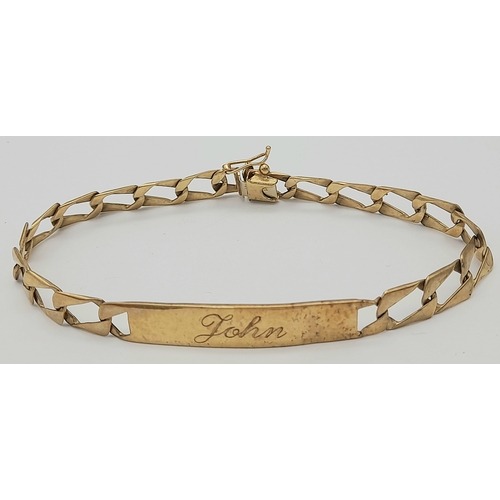 598 - A 9K Yellow Gold Identity Bracelet. Fortunately, it belonged to a John! 19cm. 10g.