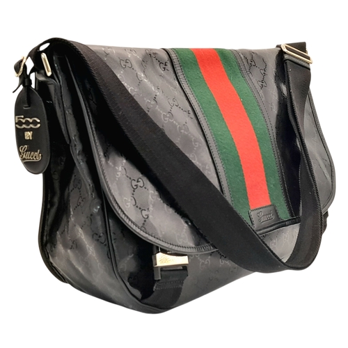 987 - A Gucci x Fiat 500 Black GG Monogram Messenger Bag. Black textile exterior with red and green web st... 