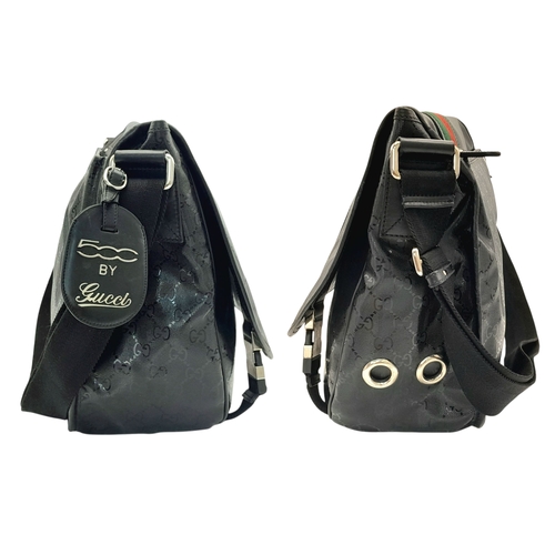 987 - A Gucci x Fiat 500 Black GG Monogram Messenger Bag. Black textile exterior with red and green web st... 