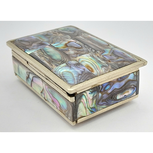 885 - A vintage Mexican rectangular trinket box with full Mother of Pearl inlay. L6.5 X W4.7 X H2.7 cm.