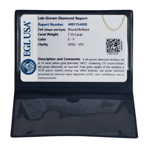 805 - A 14K Yellow Gold 7.15ct Lab-Grown Diamond Tennis Necklace. It features a sophisticated line of 174 ... 