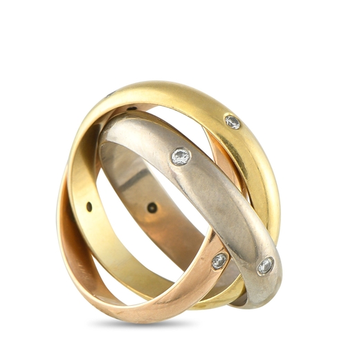 812 - A Cartier Trinity 18K Rose, Yellow and White Gold Diamond Rolling Band Ring.  Three bands in yellow,... 