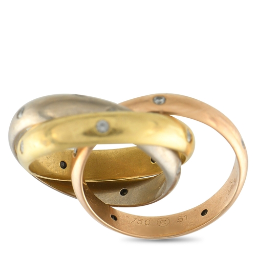 812 - A Cartier Trinity 18K Rose, Yellow and White Gold Diamond Rolling Band Ring.  Three bands in yellow,... 