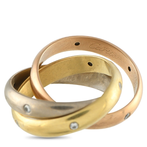 812 - A Cartier Trinity 18K Rose, Yellow and White Gold Diamond Rolling Band Ring.  Three bands in yellow,... 