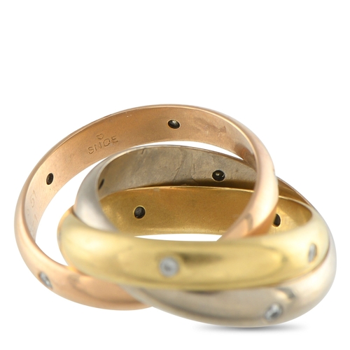 812 - A Cartier Trinity 18K Rose, Yellow and White Gold Diamond Rolling Band Ring.  Three bands in yellow,... 