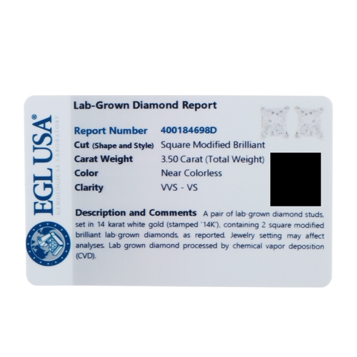 934 - A Pair of 14K White Gold 3.50ct Lab-Grown Diamond Earrings. Brilliant square-cut Lab Grown Diamonds ... 