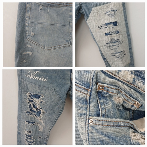 959 - A pair of Amiri light wash distressed skinny jeans featuring heavy ripped details throughout the leg... 