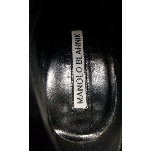 762 - A Pair of Manolo Blahnik Black Suede Ankle Boots with Patent Leather Block Heels. Pointed-toe ankle ... 