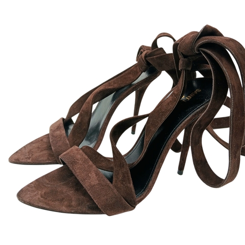 755 - A pair of YSL pointed-toe leather Deva high heels in rich dark brown suede and elongated straps. Siz... 