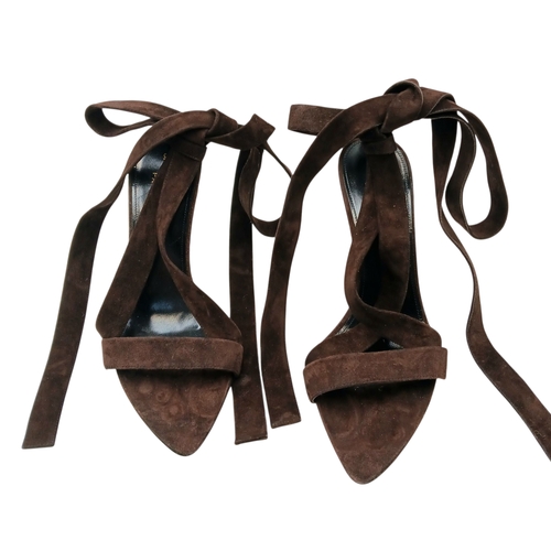 755 - A pair of YSL pointed-toe leather Deva high heels in rich dark brown suede and elongated straps. Siz... 