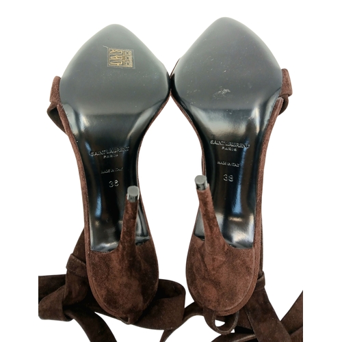 755 - A pair of YSL pointed-toe leather Deva high heels in rich dark brown suede and elongated straps. Siz... 