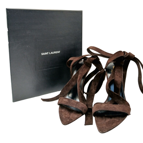 755 - A pair of YSL pointed-toe leather Deva high heels in rich dark brown suede and elongated straps. Siz... 