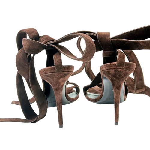 755 - A pair of YSL pointed-toe leather Deva high heels in rich dark brown suede and elongated straps. Siz... 