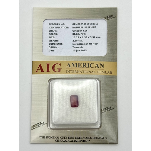 811 - A 2.68ct Natural Tanzanian Pink Sapphire Gemstone. Octagon cut. AIG Sealed Certified. Ref: BVC 05