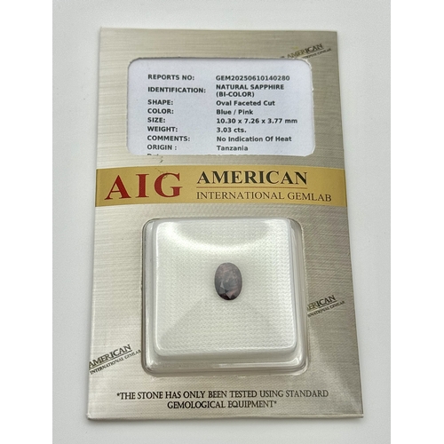 817 - A 3.03ct Untreated Natural Tanzanian Bi-Colour Sapphire Gemstone. Oval Faceted Cut. AIG Sealed Certi... 