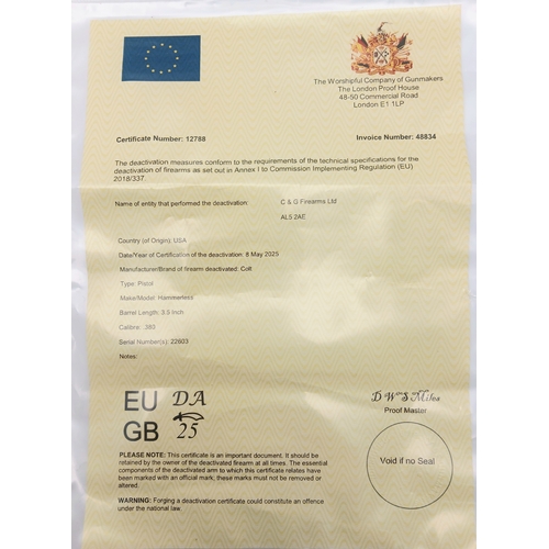 810 - A Deactivated Colt Semi-Automatic Model 1903 Hammerless Pistol. Original brown leather holster. A lo... 