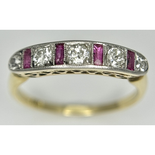 226 - AN 18K YELLOW GOLD AND PLATINUM VINTAGE DIAMOND AND RUBY RING. 2.3G. SIZE L. SPSA-3012.