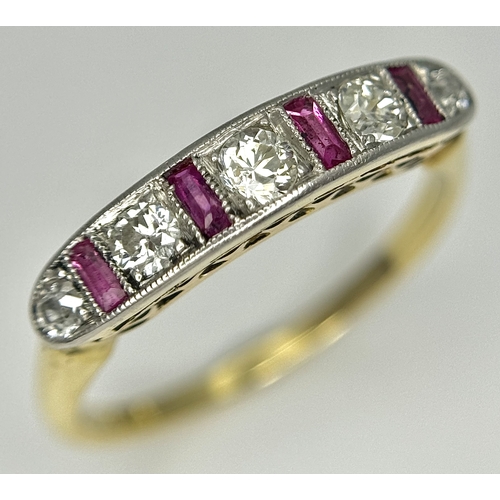 226 - AN 18K YELLOW GOLD AND PLATINUM VINTAGE DIAMOND AND RUBY RING. 2.3G. SIZE L. SPSA-3012.