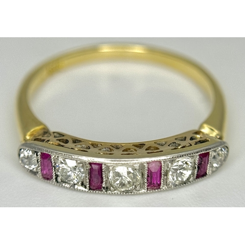226 - AN 18K YELLOW GOLD AND PLATINUM VINTAGE DIAMOND AND RUBY RING. 2.3G. SIZE L. SPSA-3012.