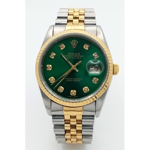 6 - A Beautiful Rolex, Green Dial Bi-Metal, Diamond Date Just Gents Watch. 18K gold and stainless steel ... 