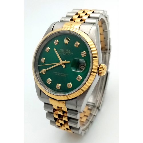 6 - A Beautiful Rolex, Green Dial Bi-Metal, Diamond Date Just Gents Watch. 18K gold and stainless steel ... 