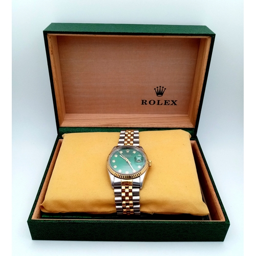 6 - A Beautiful Rolex, Green Dial Bi-Metal, Diamond Date Just Gents Watch. 18K gold and stainless steel ... 