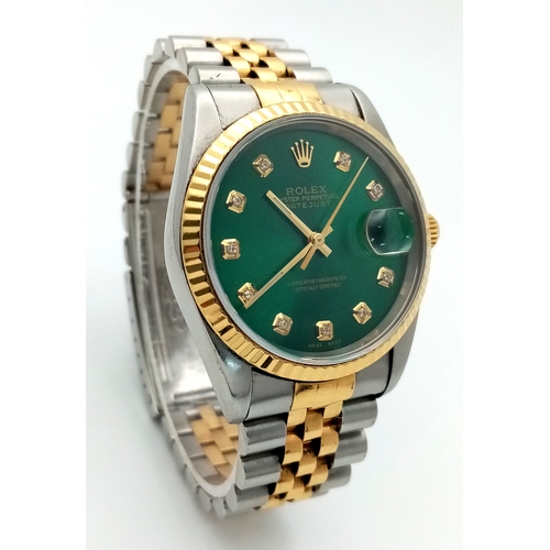 6 - A Beautiful Rolex, Green Dial Bi-Metal, Diamond Date Just Gents Watch. 18K gold and stainless steel ... 