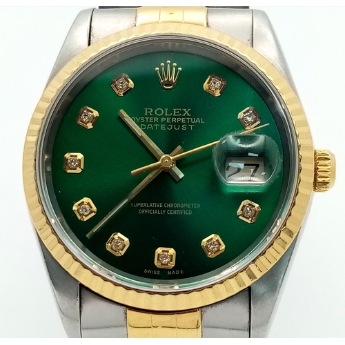 6 - A Beautiful Rolex, Green Dial Bi-Metal, Diamond Date Just Gents Watch. 18K gold and stainless steel ... 