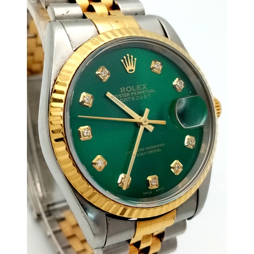 6 - A Beautiful Rolex, Green Dial Bi-Metal, Diamond Date Just Gents Watch. 18K gold and stainless steel ... 