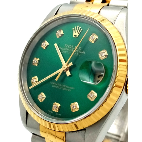 6 - A Beautiful Rolex, Green Dial Bi-Metal, Diamond Date Just Gents Watch. 18K gold and stainless steel ... 