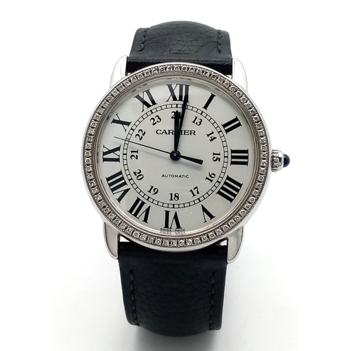 619 - A Cartier Ronde Solo Diamond Ladies Automatic Watch. Black leather strap. Stainless steel case - 37m... 