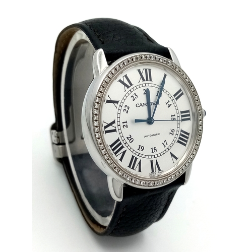 619 - A Cartier Ronde Solo Diamond Ladies Automatic Watch. Black leather strap. Stainless steel case - 37m... 