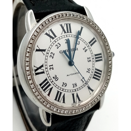 619 - A Cartier Ronde Solo Diamond Ladies Automatic Watch. Black leather strap. Stainless steel case - 37m... 