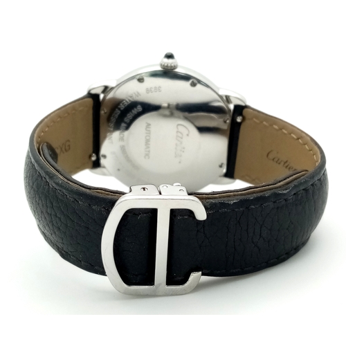 619 - A Cartier Ronde Solo Diamond Ladies Automatic Watch. Black leather strap. Stainless steel case - 37m... 