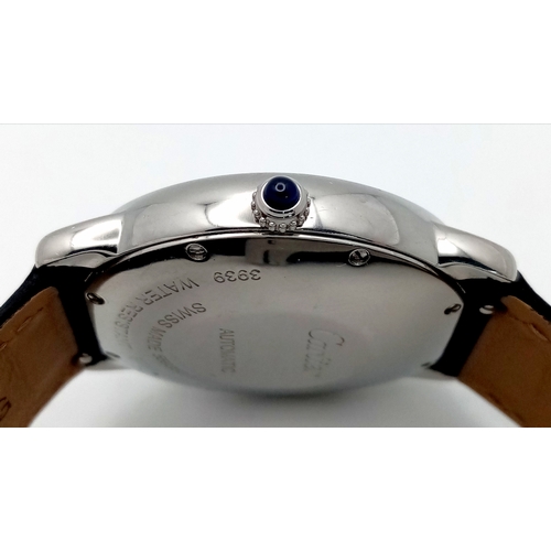 619 - A Cartier Ronde Solo Diamond Ladies Automatic Watch. Black leather strap. Stainless steel case - 37m... 